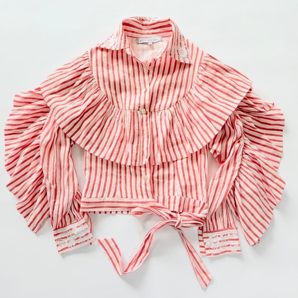 Just Bellina Women's Small Red & White Striped Ruffle Blouse